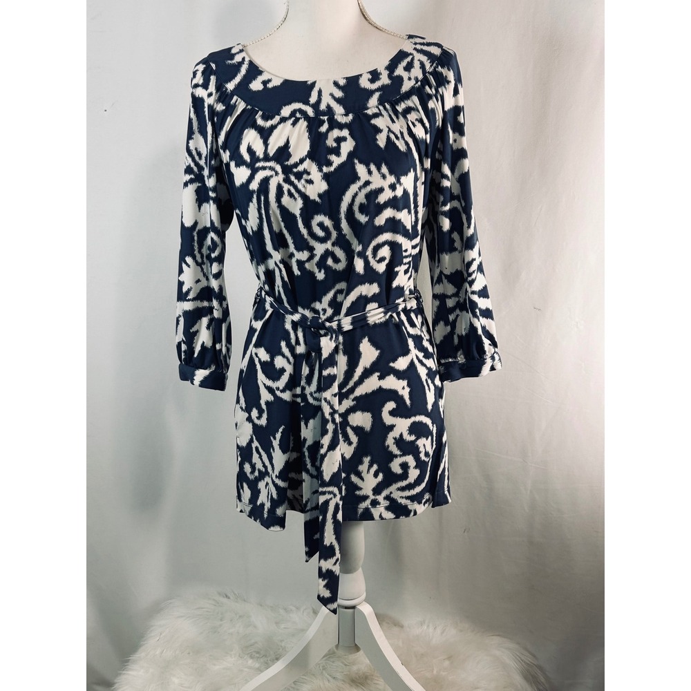 Oscar de la Renta Navy White Ikat Print Belted Tunic Dress‎ Small